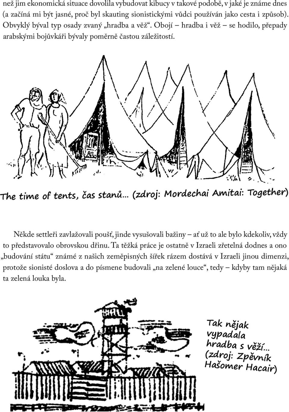 The time of tents, čas stanů (zdroj: Mordechai Amitai: Together) Někde settleři zavlažovali poušť, jinde vysušovali bažiny ať už to ale bylo kdekoliv, vždy to představovalo obrovskou dřinu.