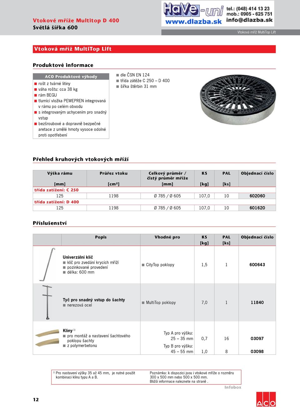 124 třída zátěže C 250 D 400 šířka štěrbin 31 mm Přehled kruhových vtokových mříží Výška rámu Průřez vtoku Celkový průměr / KS PAL Objednací číslo čistý průměr mříže [mm] [cm²] [mm] [kg] [ks] třída