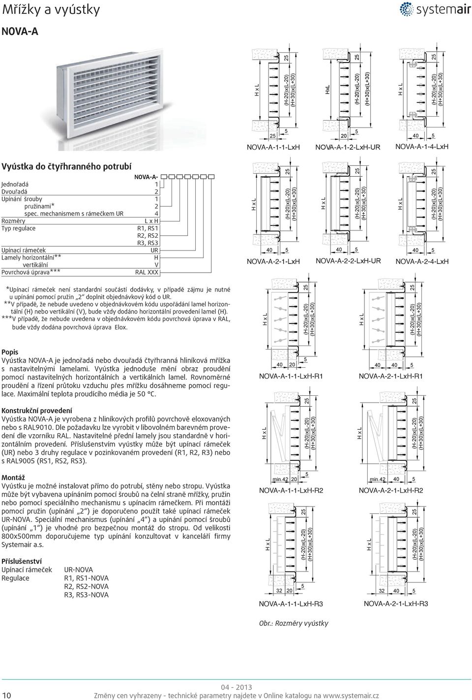 mechanismem s rámečkem UR 4 Rozměry L x H Typ regulace R1, RS1 R2, RS2 R3, RS3 Upínací rámeček UR Lamely horizontální** H vertikální V Povrchová úprava*** RAL XXX H x L H x L (H-20)x(L-20)