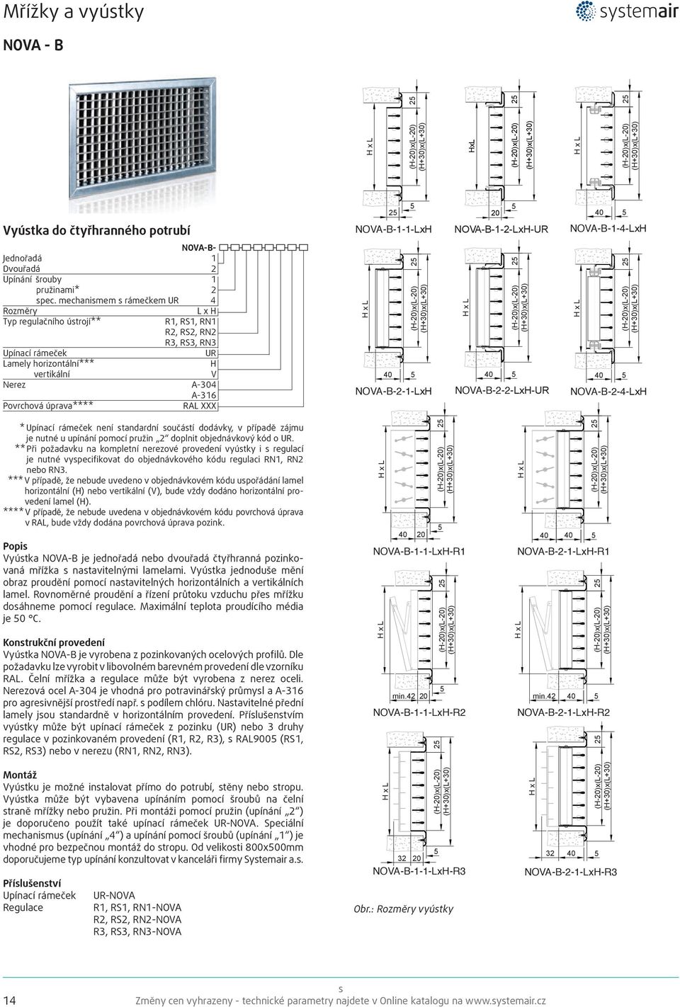 mechanismem s rámečkem UR 4 Rozměry L x H Typ regulačního ústrojí** R1, RS1, RN1 R2, RS2, RN2 R3, RS3, RN3 Upínací rámeček UR Lamely horizontální*** H vertikální V Nerez A-304 A-316 Povrchová