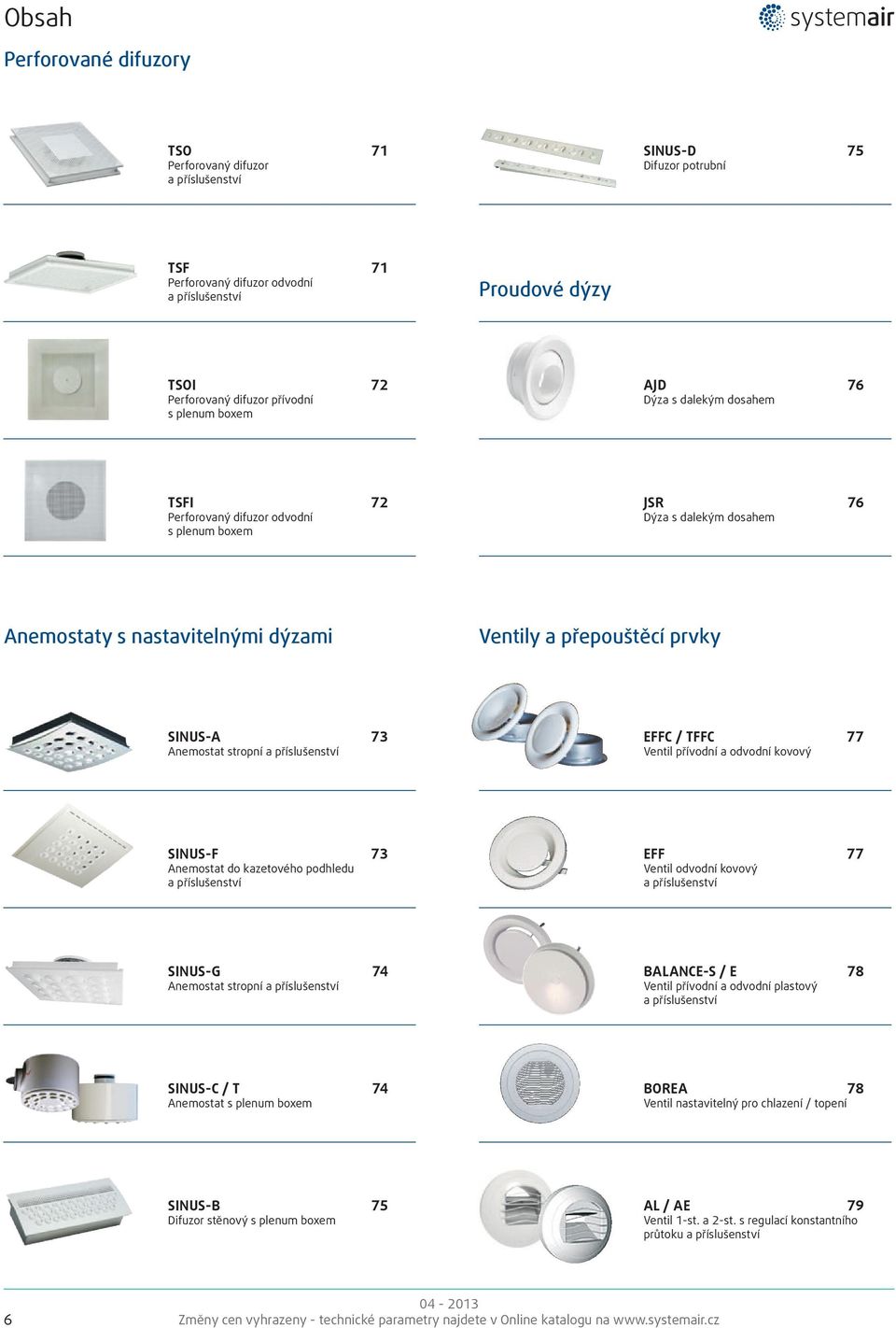 Anemostat stropní a příslušenství EFFC / TFFC 77 Ventil přívodní a odvodní kovový SINUS-F 73 Anemostat do kazetového podhledu a příslušenství EFF 77 Ventil odvodní kovový a příslušenství SINUS-G 74