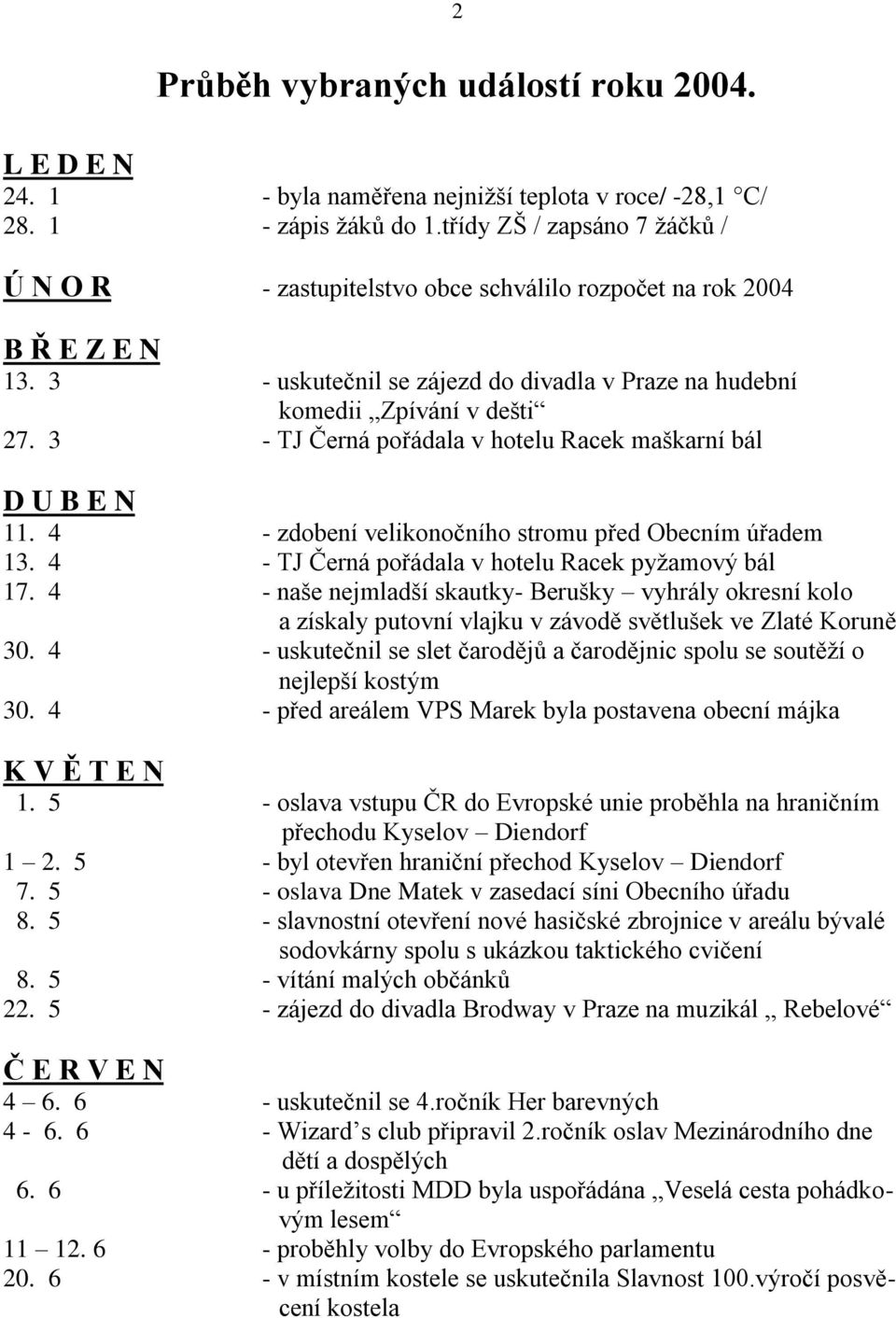 3 - TJ Černá pořádala v hotelu Racek maškarní bál D U B E N 11. 4 - zdobení velikonočního stromu před Obecním úřadem 13. 4 - TJ Černá pořádala v hotelu Racek pyţamový bál 17.