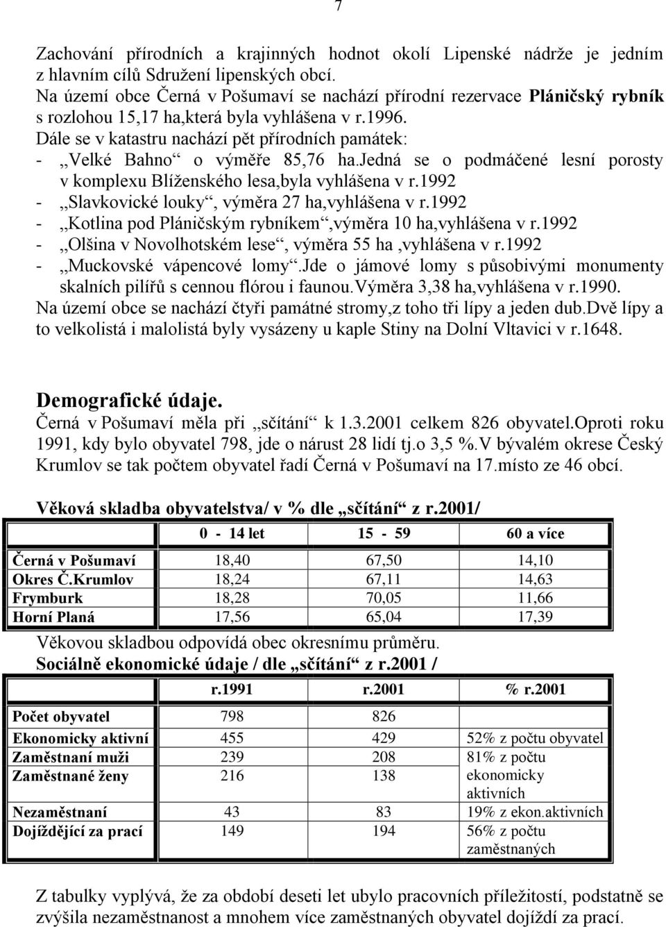 Dále se v katastru nachází pět přírodních památek: - Velké Bahno o výměře 85,76 ha.jedná se o podmáčené lesní porosty v komplexu Blíţenského lesa,byla vyhlášena v r.