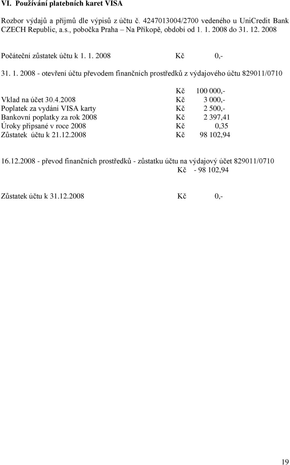 4.2008 Kč 3 000,- Poplatek za vydání VISA karty Kč 2 500,- Bankovní poplatky za rok 2008 Kč 2 397,41 Úroky připsané v roce 2008 Kč 0,35 Zůstatek účtu k 21.12.