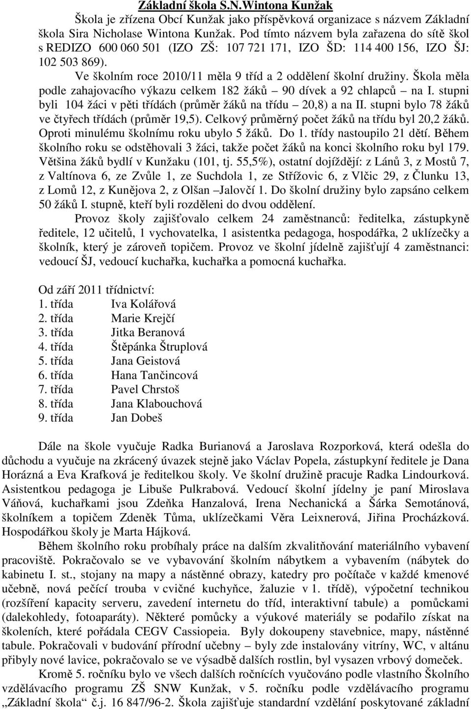 Škola měla podle zahajovacího výkazu celkem 182 žáků 90 dívek a 92 chlapců na I. stupni byli 104 žáci v pěti třídách (průměr žáků na třídu 20,8) a na II.