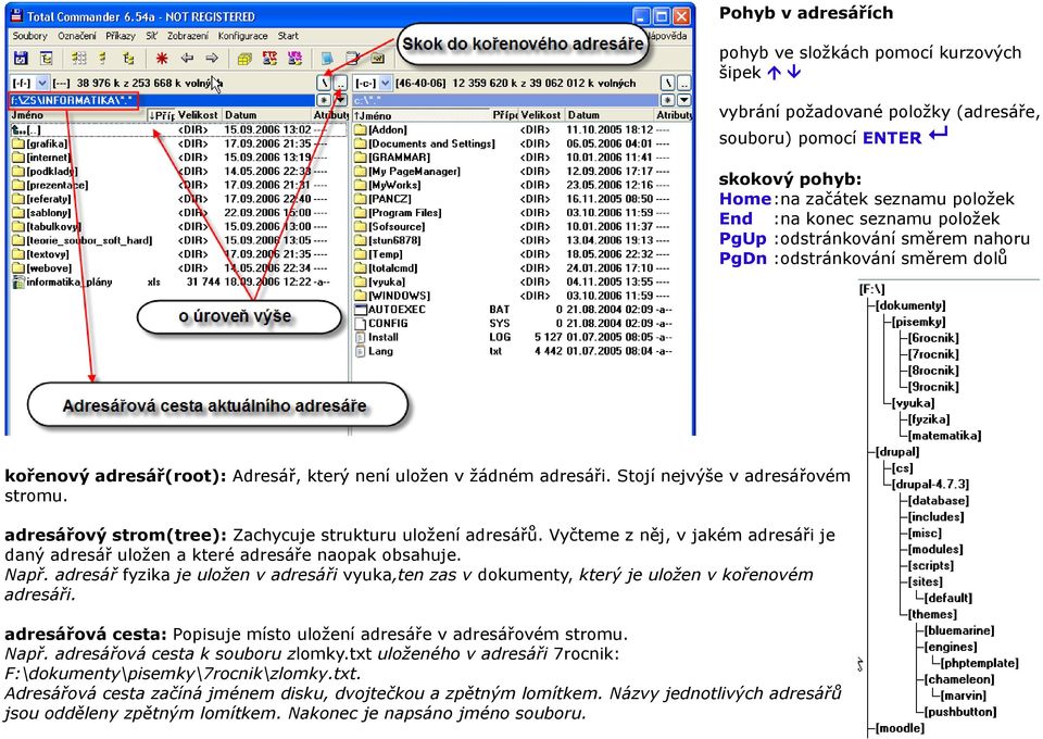 adresářový strom(tree): Zachycuje strukturu uložení adresářů. Vyčteme z něj, v jakém adresáři je daný adresář uložen a které adresáře naopak obsahuje. Např.