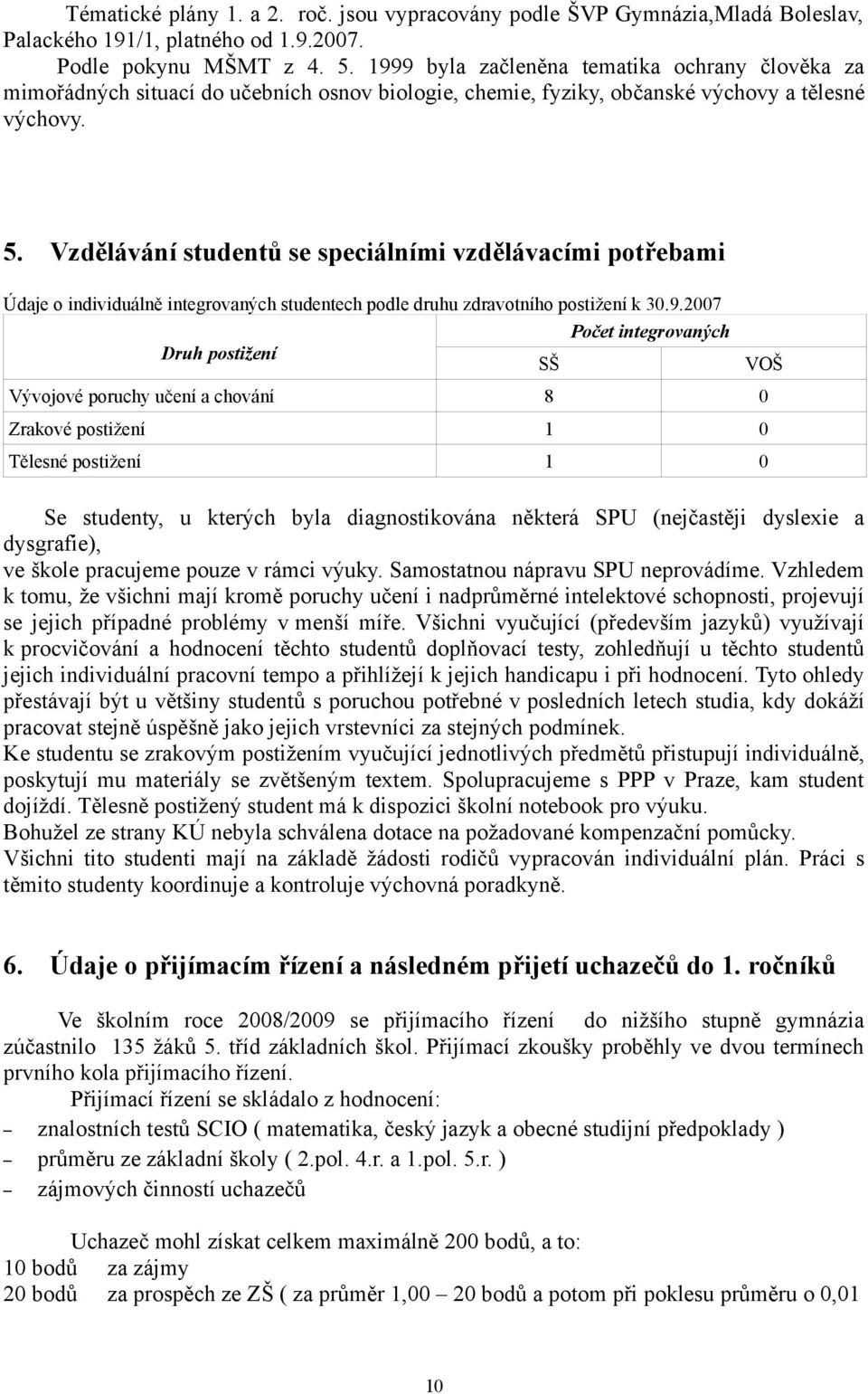 Vzdělávání studentů se speciálními vzdělávacími potřebami Údaje o individuálně integrovaných studentech podle druhu zdravotního postižení k 30.9.