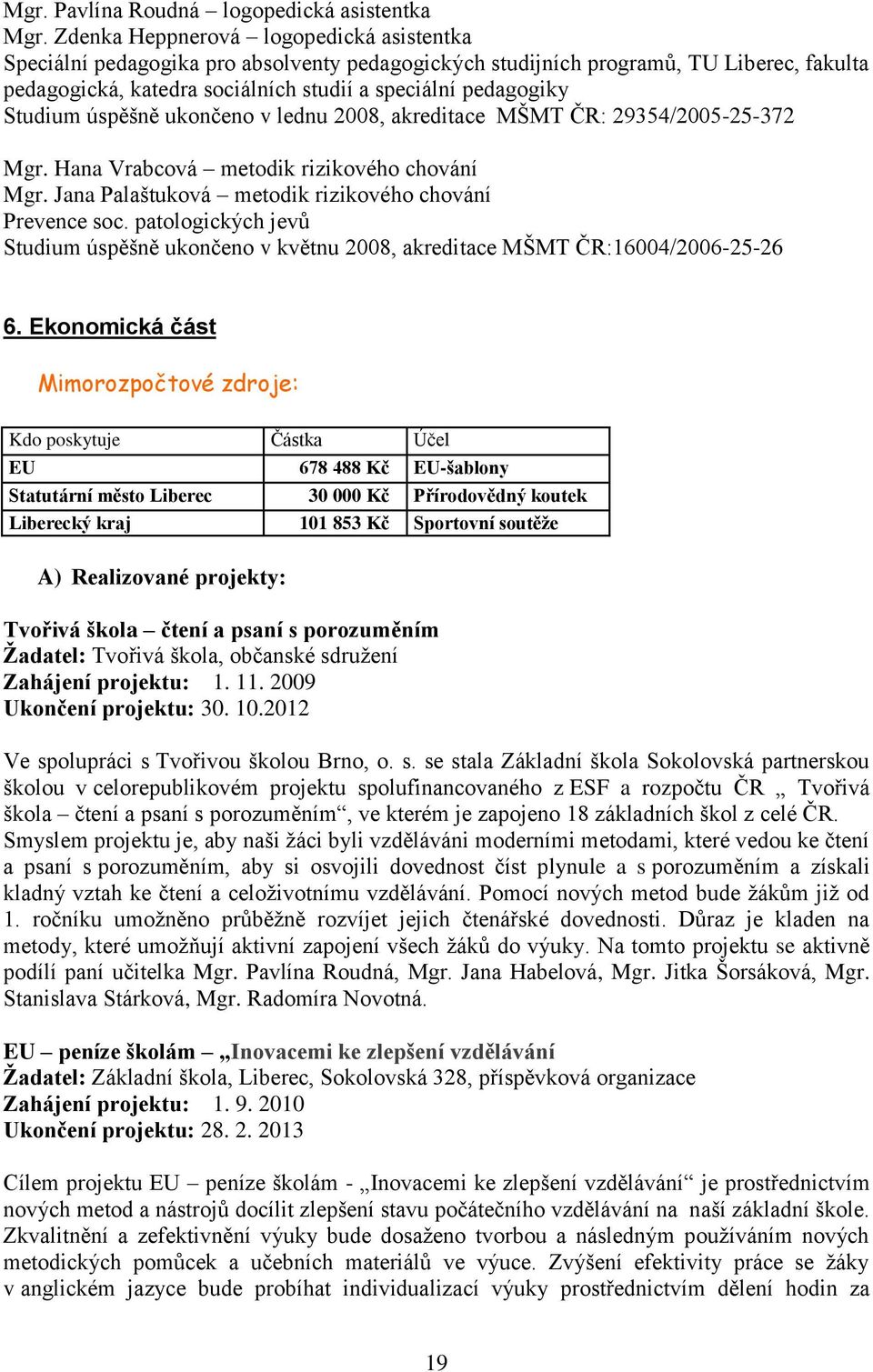 Studium úspěšně ukončeno v lednu 2008, akreditace MŠMT ČR: 29354/2005-25-372 Mgr. Hana Vrabcová metodik rizikového chování Mgr. Jana Palaštuková metodik rizikového chování Prevence soc.