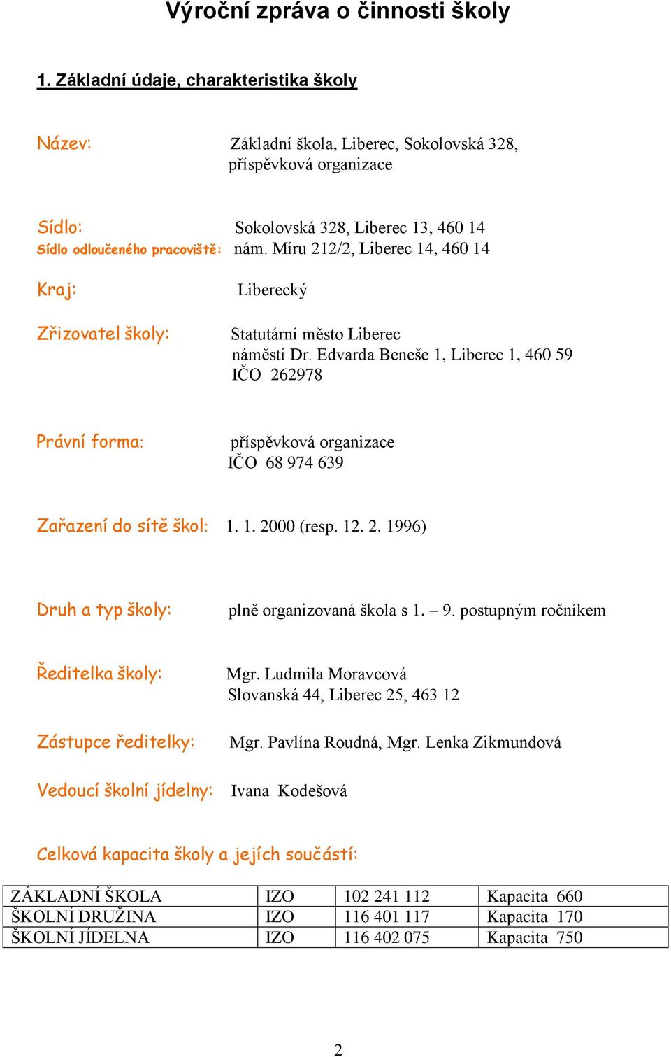 Míru 212/2, Liberec 14, 460 14 Kraj: Zřizovatel školy: Liberecký Statutární město Liberec náměstí Dr.