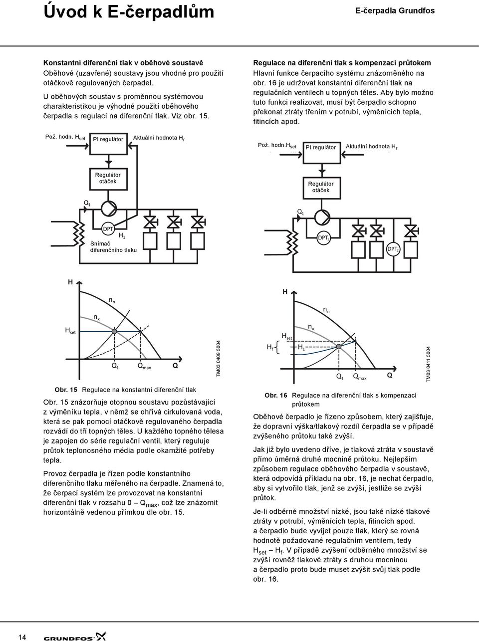 Regulace na diferenční tlak s kompenzací průtokem Hlavní funkce čerpacího systému znázorněného na obr. 16 je udržovat konstantní diferenční tlak na regulačních ventilech u topných těles.