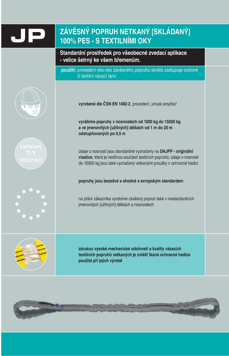 a ve jmenovitých [užitných] délkách od 1 m do 20 m odstupňovaných po 0,5 m koeficient 7:1 bezpečnosti údaje o nosnosti jsou standardně vyznačeny na DAJPP - originální visačce, která je nedílnou