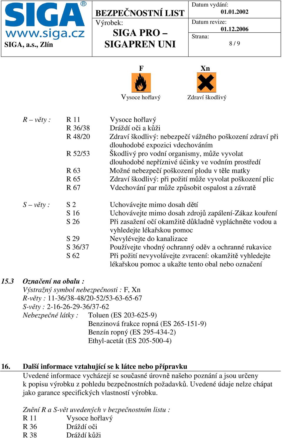 poškození plic R 67 Vdechování par může způsobit ospalost a závratě S věty : S 2 Uchovávejte mimo dosah dětí S 16 Uchovávejte mimo dosah zdrojů zapálení-zákaz kouření S 26 Při zasažení očí okamžitě