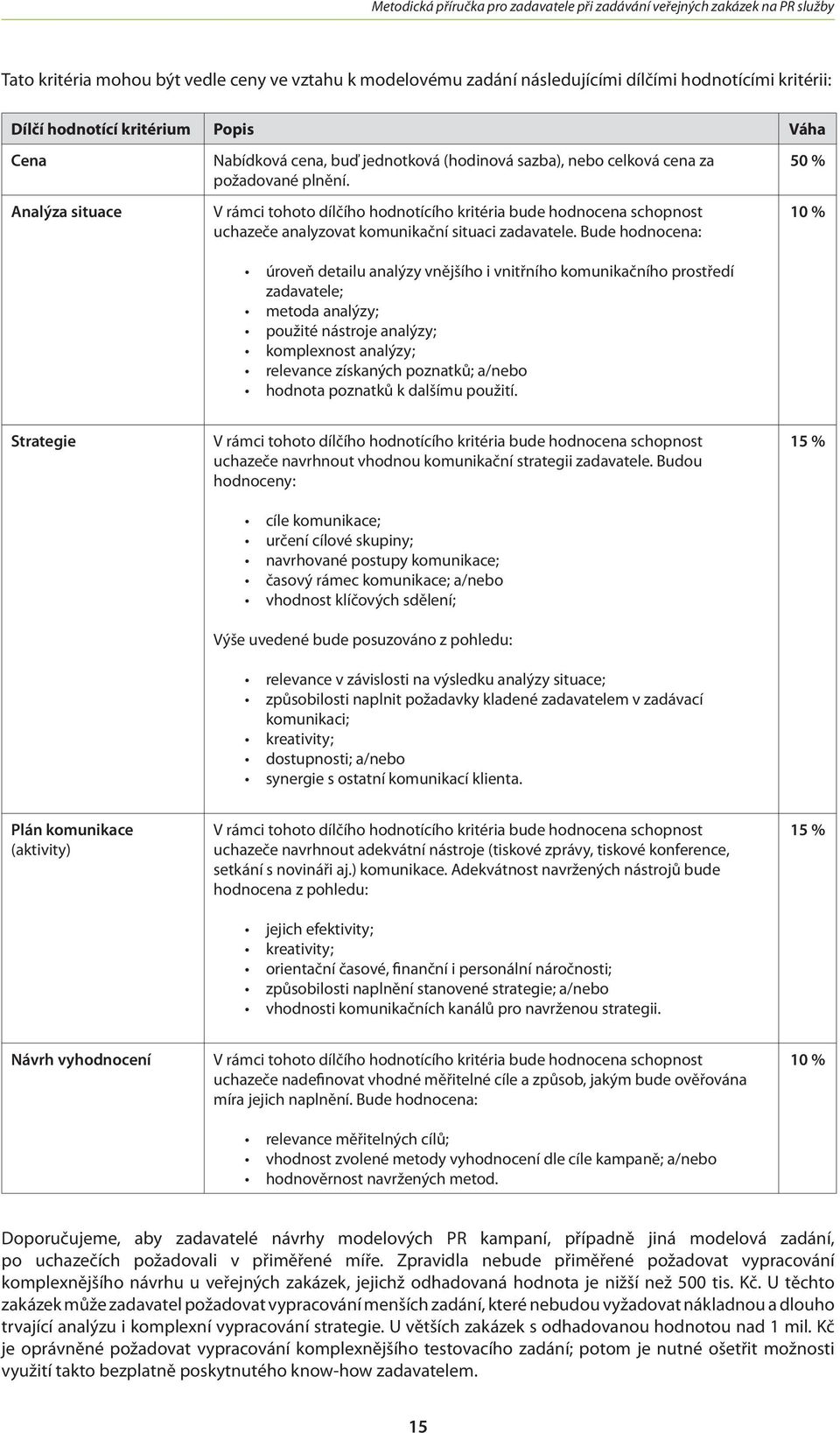 Bude hodnocena: úroveň detailu analýzy vnějšího i vnitřního komunikačního prostředí zadavatele; metoda analýzy; použité nástroje analýzy; komplexnost analýzy; relevance získaných poznatků; a/nebo