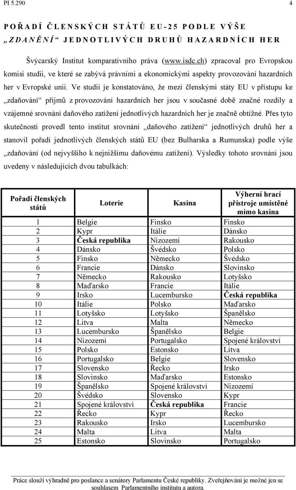 Ve studii je konstatováno, že mezi členskými státy EU v přístupu ke zdaňování příjmů z provozování hazardních her jsou v současné době značné rozdíly a vzájemné srovnání daňového zatížení