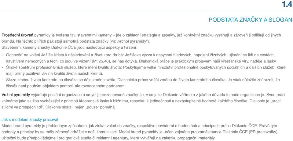 Stavebními kameny značky Diakonie ČCE jsou následující aspekty a tvrzení: - Odpověď na volání Ježíše Krista k následování a životu pro druhé: Ježíšova výzva k nasycení hladových, napojení žíznivých,