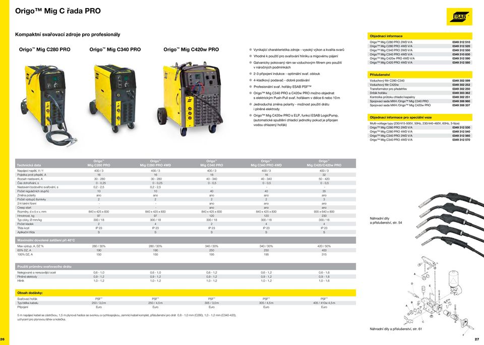 oblouk 4-kladkový podavač - dobré podávání Profesionální svař. hořáky ESAB PSF Origo Mig C340 PRO a C420w PRO možno objednat s elektrickým Push-Pull svař.