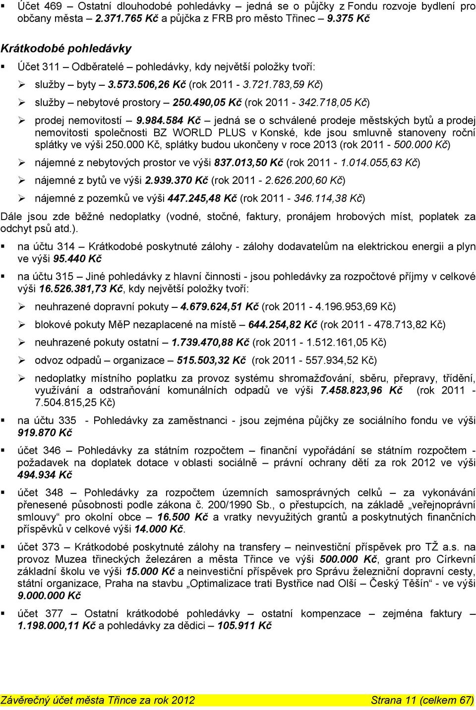 718,05 Kč) prodej nemovitostí 9.984.584 Kč jedná se o schválené prodeje městských bytů a prodej nemovitosti společnosti BZ WORLD PLUS v Konské, kde jsou smluvně stanoveny roční splátky ve výši 250.