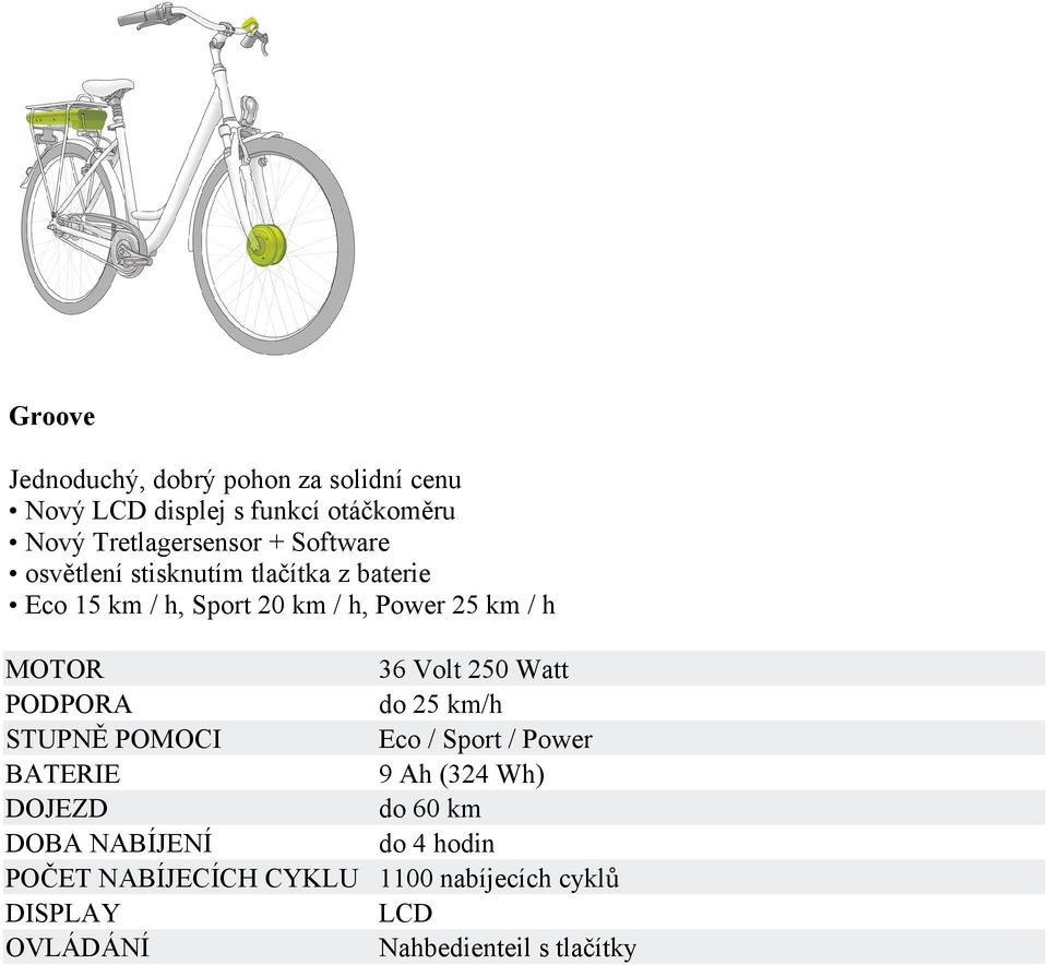 z baterie Eco 15 km / h, Sport 20 km / h, Power 25 km / h 36 Volt 250