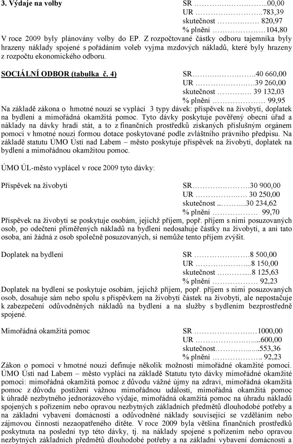 ....40 660,00 UR...39 260,00 skutečnost.. 39 132,03 % plnění 99,95 Na základě zákona o hmotné nouzi se vyplácí 3 typy dávek: příspěvek na živobytí, doplatek na bydlení a mimořádná okamžitá pomoc.