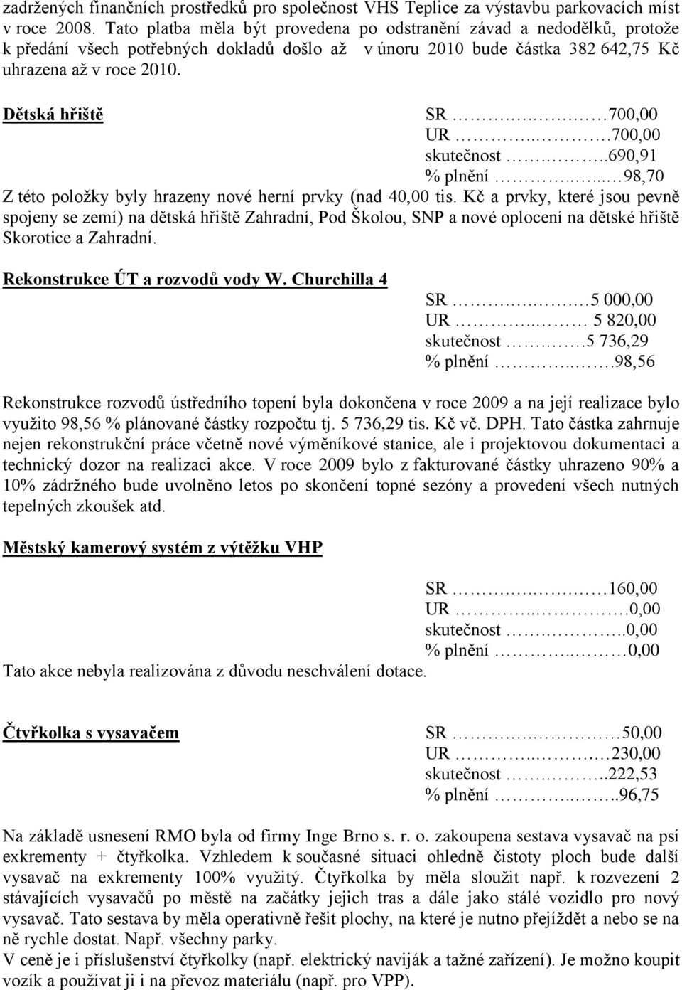 .. 700,00 UR...700,00 skutečnost...690,91 % plnění..... 98,70 Z této položky byly hrazeny nové herní prvky (nad 40,00 tis.