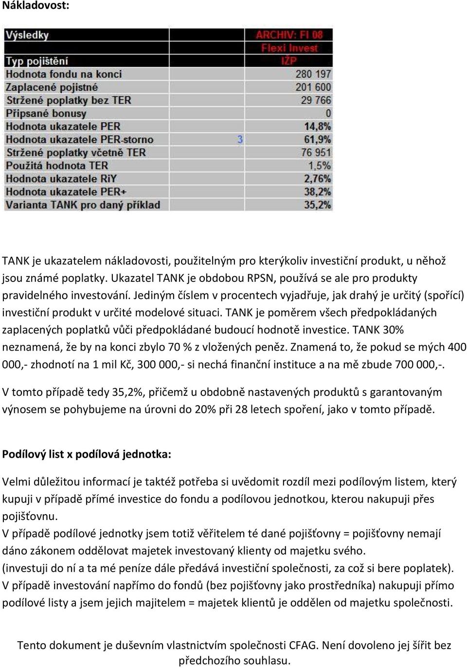 TANK je poměrem všech předpokládaných zaplacených poplatků vůči předpokládané budoucí hodnotě investice. TANK 30% neznamená, že by na konci zbylo 70 % z vložených peněz.