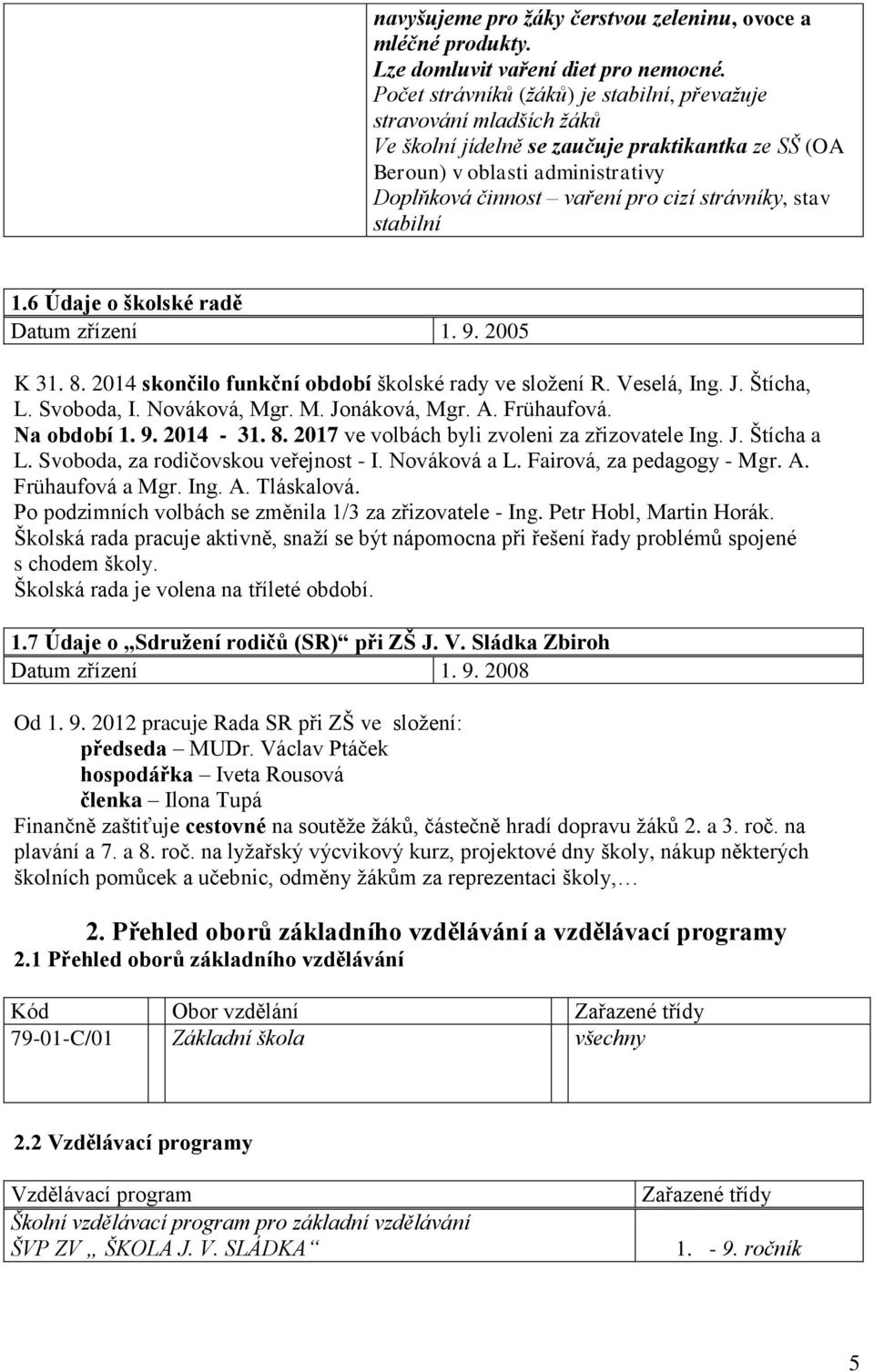 strávníky, stav stabilní 1.6 Údaje o školské radě Datum zřízení 1. 9. 2005 K 31. 8. 2014 skončilo funkční období školské rady ve složení R. Veselá, Ing. J. Štícha, L. Svoboda, I. Nováková, Mg