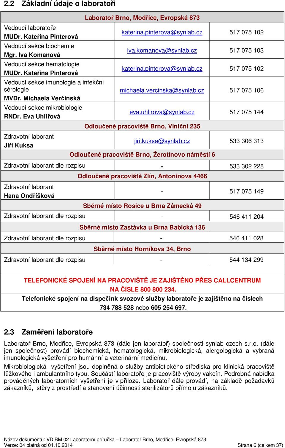 Eva Uhlířová Zdravotní laborant Jiří Kuksa Laboratoř Brno, Modřice, Evropská 873 katerina.pinterova@synlab.cz 517 075 102 iva.komanova@synlab.cz 517 075 103 katerina.pinterova@synlab.cz 517 075 102 michaela.