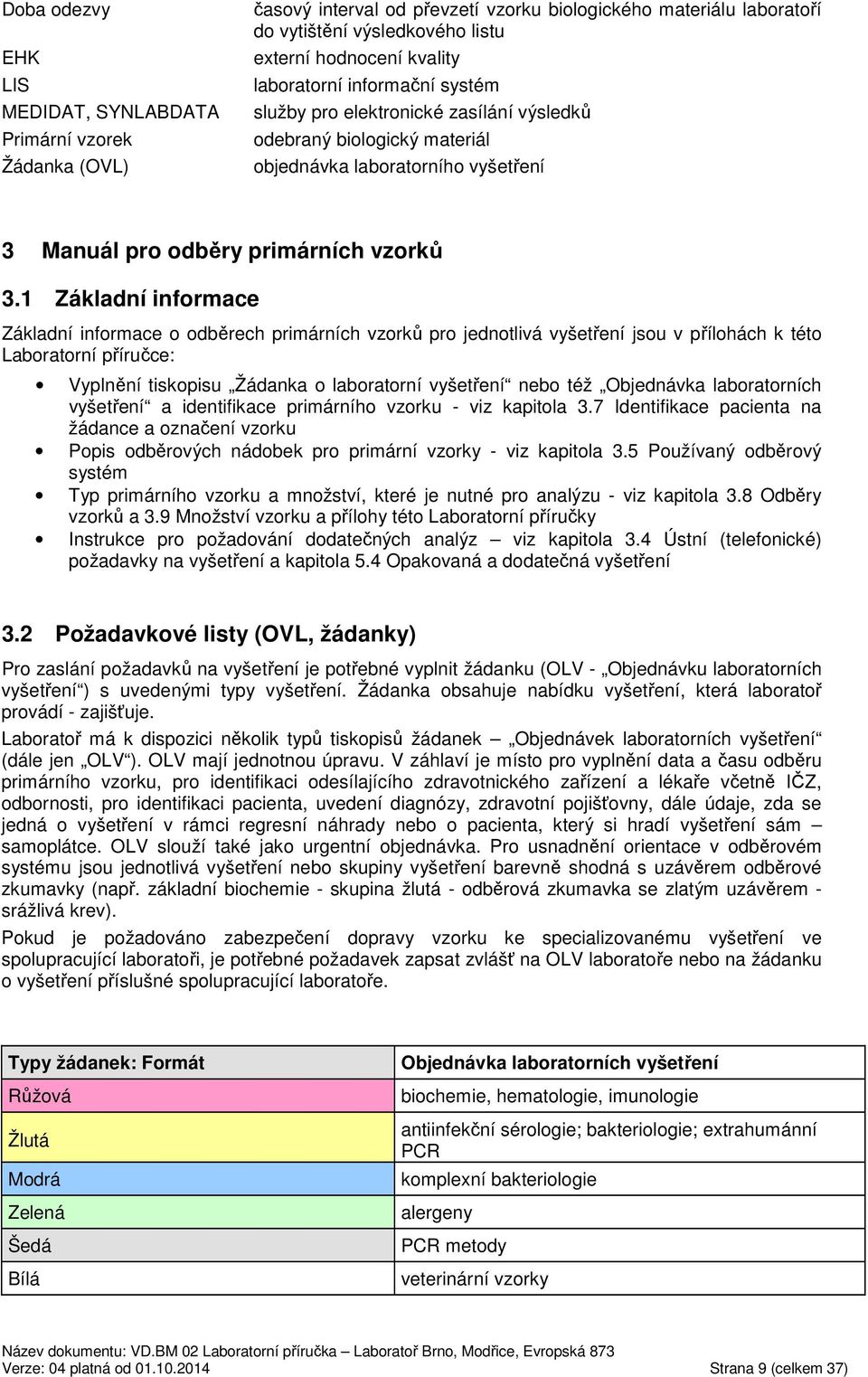 1 Základní informace Základní informace o odběrech primárních vzorků pro jednotlivá vyšetření jsou v přílohách k této Laboratorní příručce: Vyplnění tiskopisu Žádanka o laboratorní vyšetření nebo též