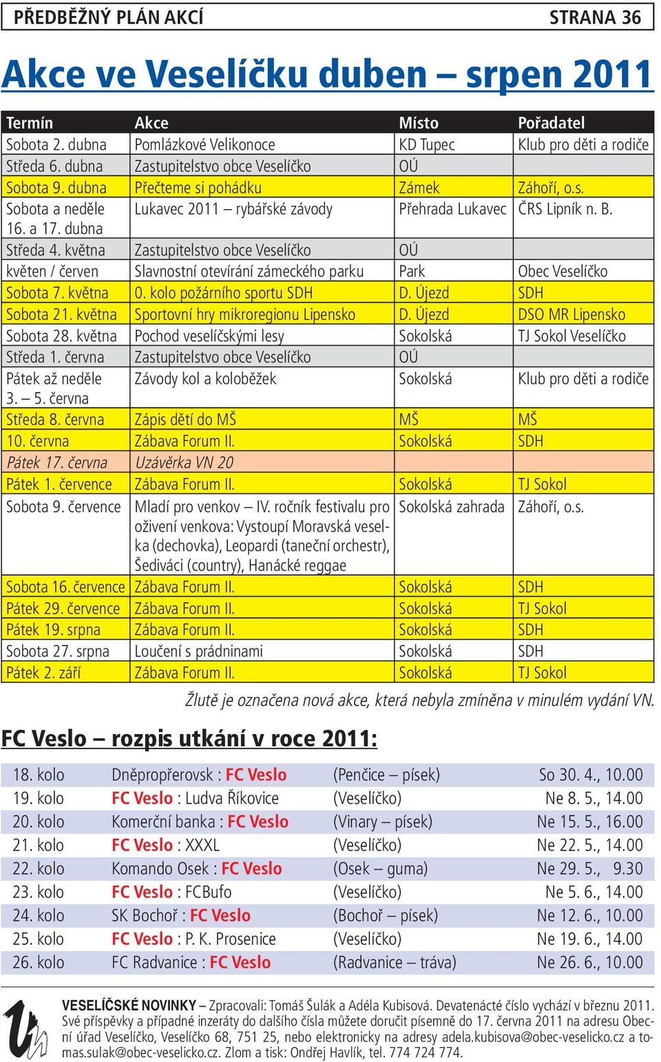 května Zastupitelstvo obce Veselíčko OÚ květen / červen Slavnostní otevírání zámeckého parku Park Obec Veselíčko Sobota 7. května 0. kolo požárního sportu SDH D. Újezd SDH Sobota 21.