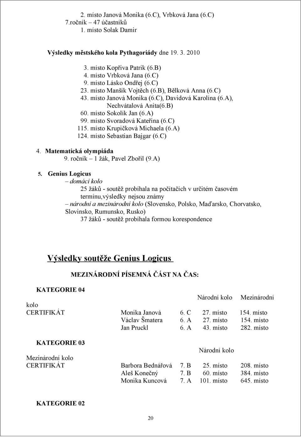 místo Svoradová Kateřina (6.C) 115. místo Krupičková Michaela (6.A) 124. místo Sebastian Bajgar (6.C) 4. Matematická olympiáda 9. ročník 1 žák, Pavel Zbořil (9.A) 5.