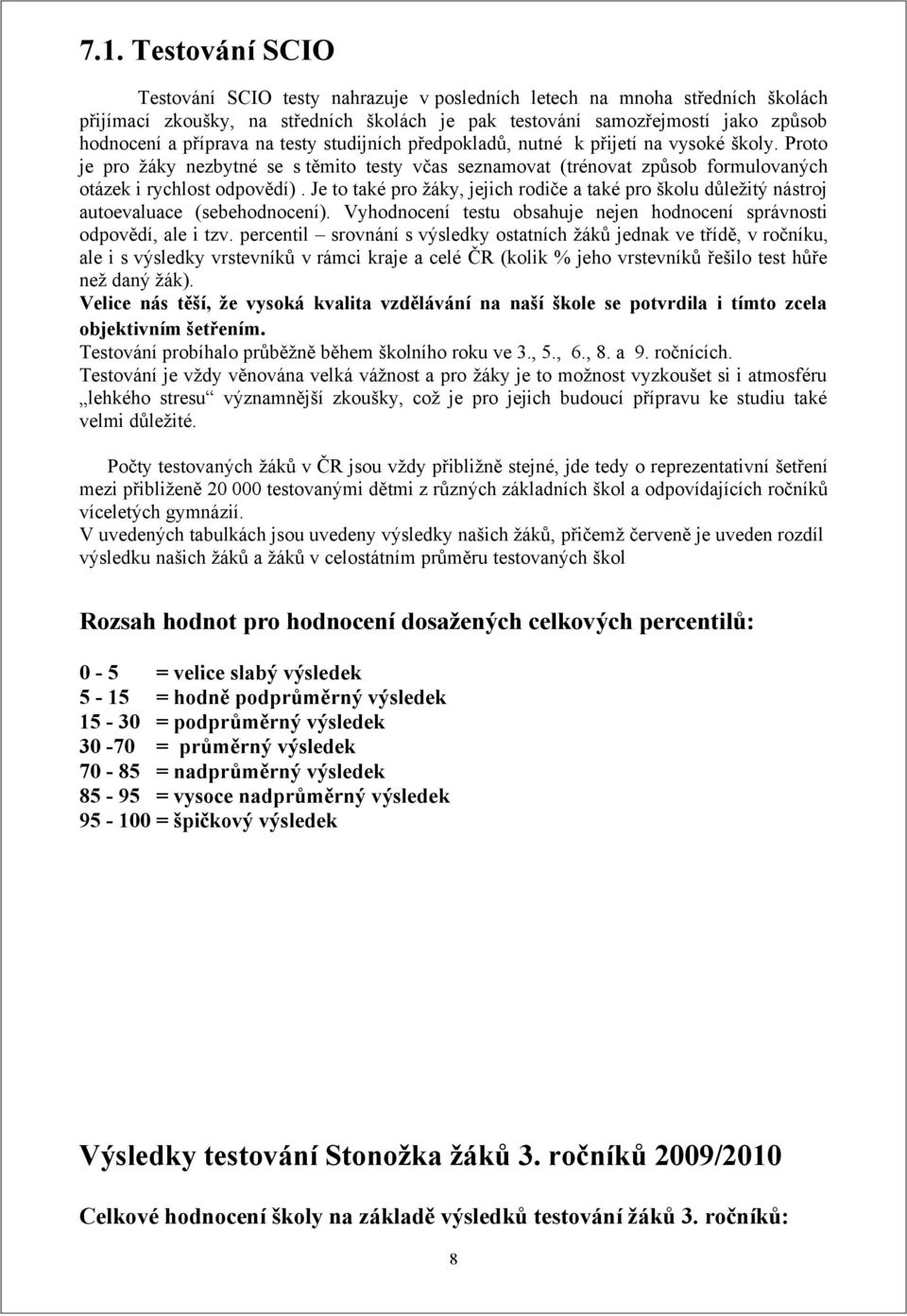 Je to také pro žáky, jejich rodiče a také pro školu důležitý nástroj autoevaluace (sebehodnocení). Vyhodnocení testu obsahuje nejen hodnocení správnosti odpovědí, ale i tzv.