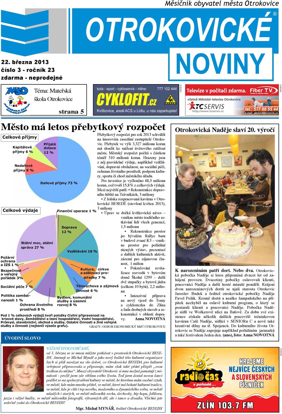 veřejný pořádek 3% Sociální péče 7 % úvodní slovo Téma: Mateřská škola Otrokovice Přijaté dotace 12 % Státní moc, státní správa 27 % Politika zaměstnanosti 1 % Ochrana životního prostředí 8 % strana