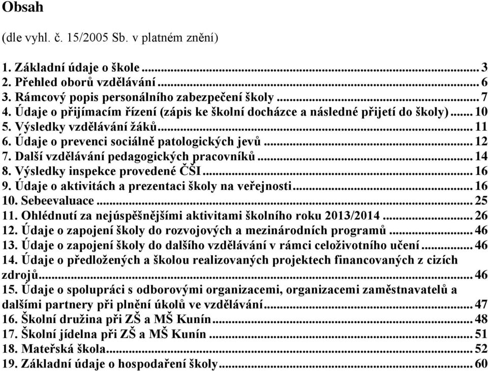 Další vzdělávání pedagogických pracovníků... 14 8. Výsledky inspekce provedené ČŠI... 16 9. Údaje o aktivitách a prezentaci školy na veřejnosti... 16 10. Sebeevaluace... 25 11.