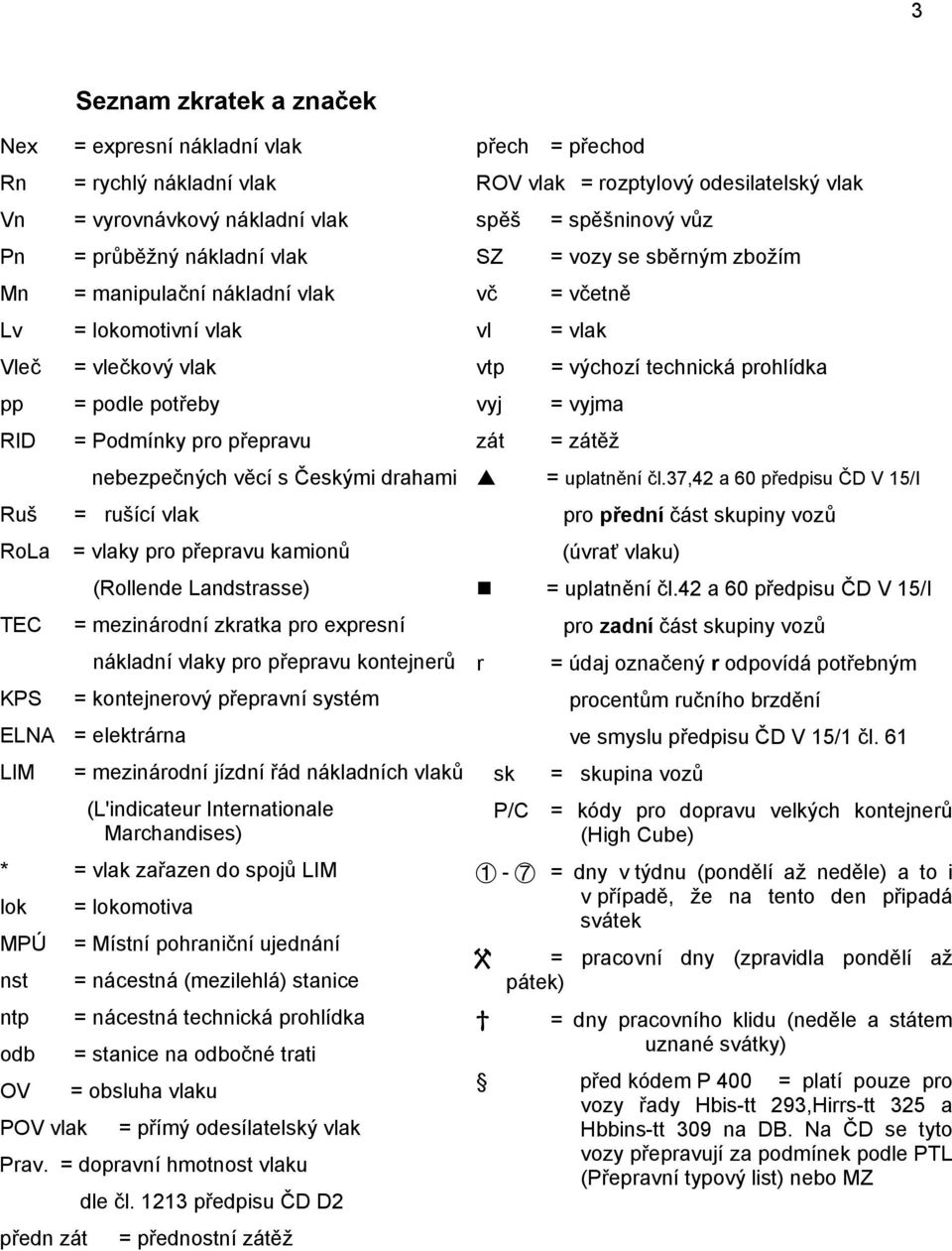 pro expresní nákladní vlaky pro přepravu kontejnerů KPS = kontejnerový přepravní systém ELNA = elektrárna LIM = mezinárodní jízdní řád nákladních vlaků (L'indicateur Internationale Marchandises) * =