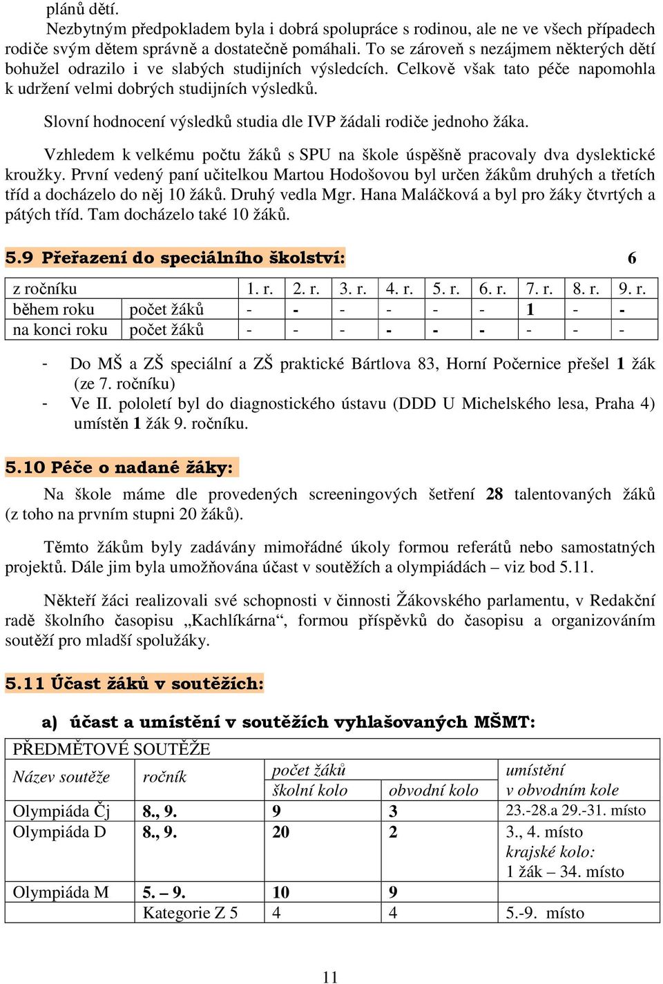 Slovní hodnocení výsledků studia dle IVP žádali rodiče jednoho žáka. Vzhledem k velkému počtu žáků s SPU na škole úspěšně pracovaly dva dyslektické kroužky.