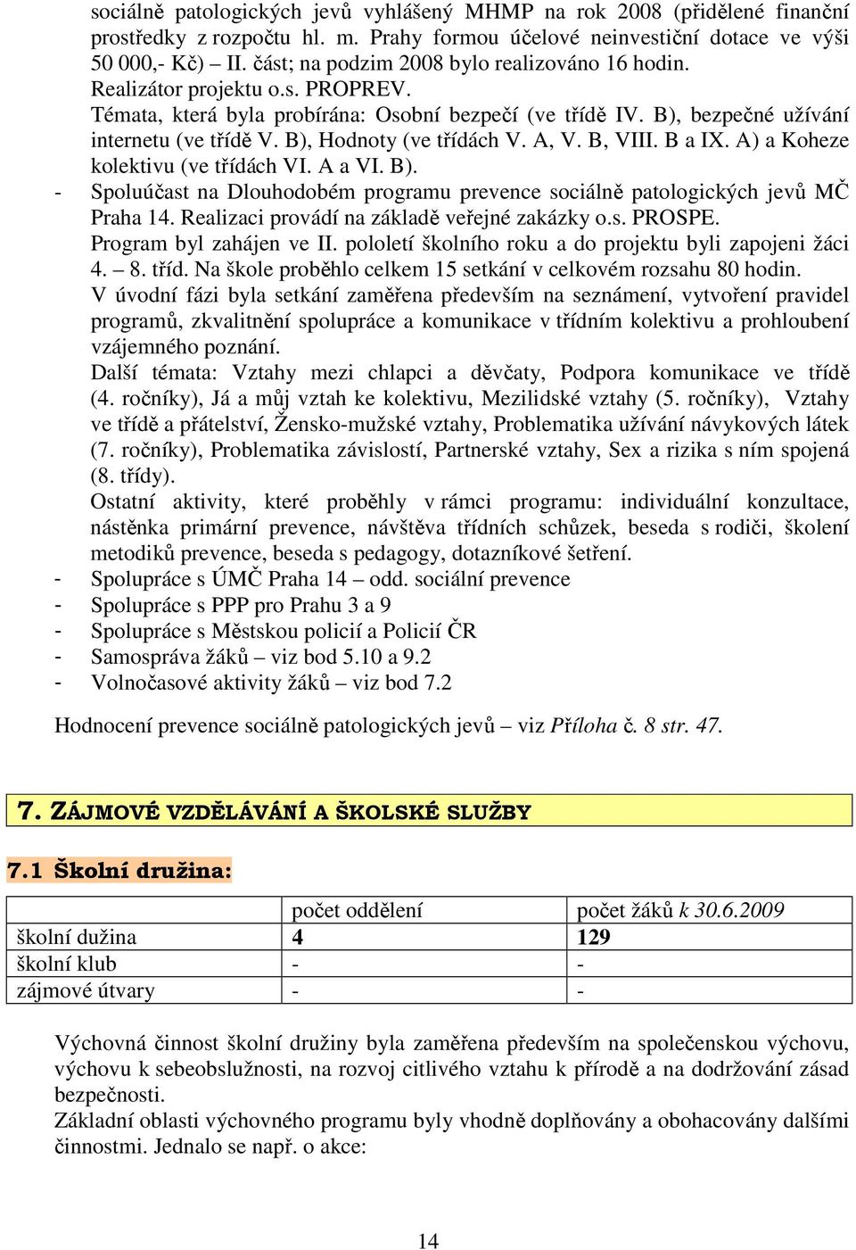 B), Hodnoty (ve třídách V. A, V. B, VIII. B a IX. A) a Koheze kolektivu (ve třídách VI. A a VI. B). - Spoluúčast na Dlouhodobém programu prevence sociálně patologických jevů MČ Praha 14.