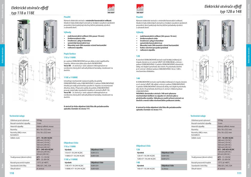 malá konstrukční velikost (šíře pouze 16 mm) širokorozsahová cívka šroubovací / plug-in konektor radiusová západka 118 a 118RR Verze RR - je navíc vybaven mikrospínačem se dveřích.