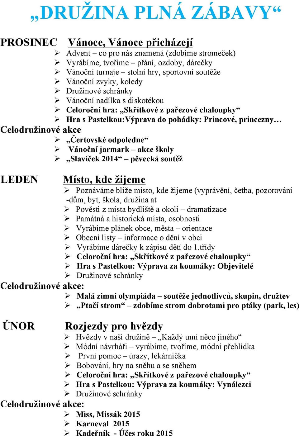 Ø Čertovské odpoledne Ø Vánoční jarmark akce školy Ø Slavíček 2014 pěvecká soutěž LEDEN Místo, kde žijeme Ø Poznáváme blíže místo, kde žijeme (vyprávění, četba, pozorování -dům, byt, škola, družina