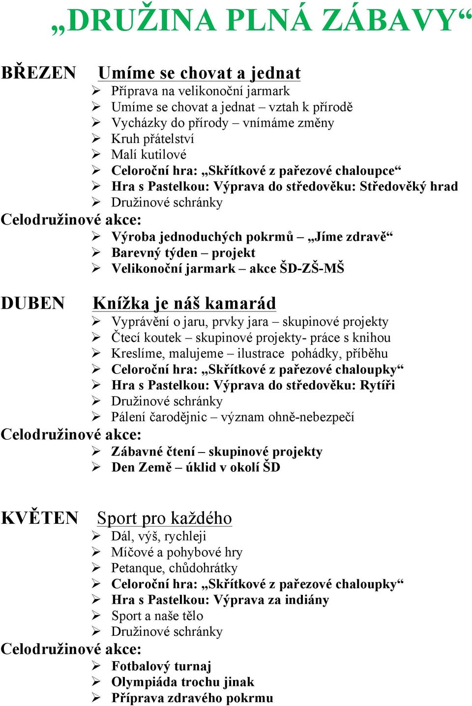 týden projekt Ø Velikonoční jarmark akce ŠD-ZŠ-MŠ DUBEN Knížka je náš kamarád Ø Vyprávění o jaru, prvky jara skupinové projekty Ø Čtecí koutek skupinové projekty- práce s knihou Ø Kreslíme, malujeme