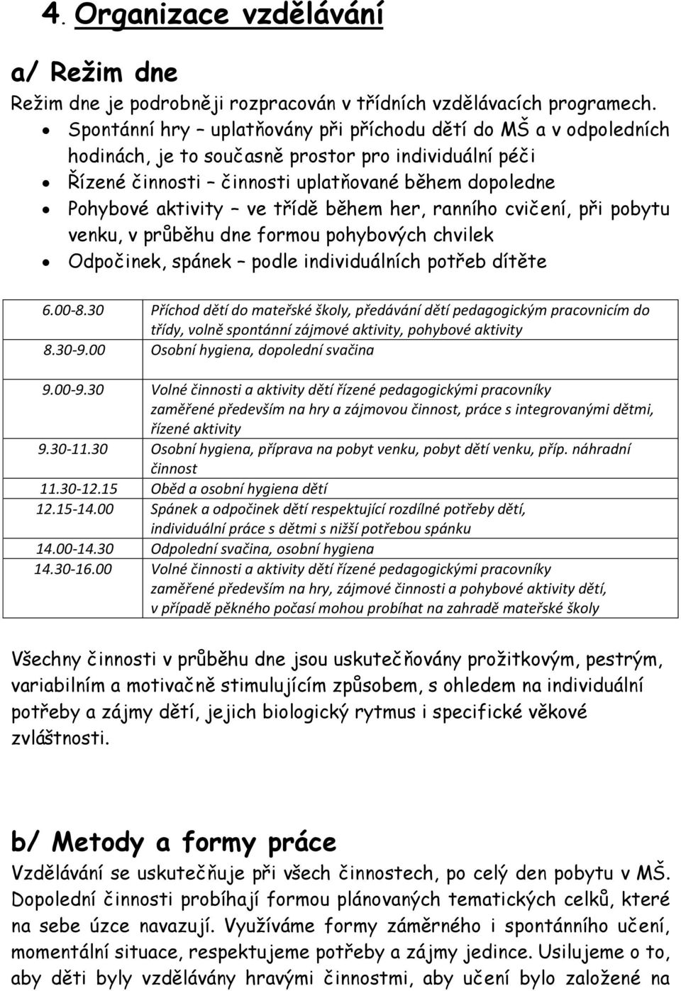 třídě během her, ranního cvičení, při pobytu venku, v průběhu dne formou pohybových chvilek Odpočinek, spánek podle individuálních potřeb dítěte 6.00-8.