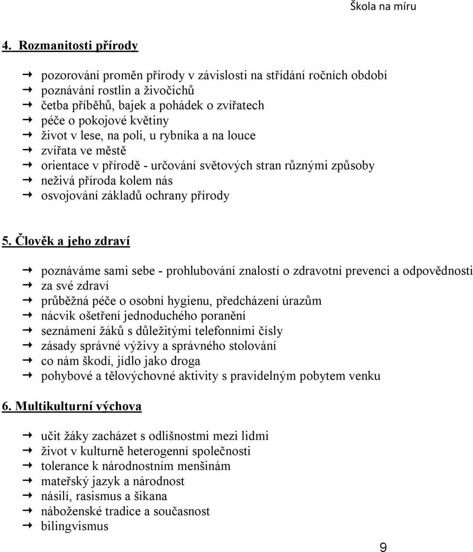 Člověk a jeho zdraví poznáváme sami sebe - prohlubování znalostí o zdravotní prevenci a odpovědnosti za své zdraví průběžná péče o osobní hygienu, předcházení úrazům nácvik ošetření jednoduchého