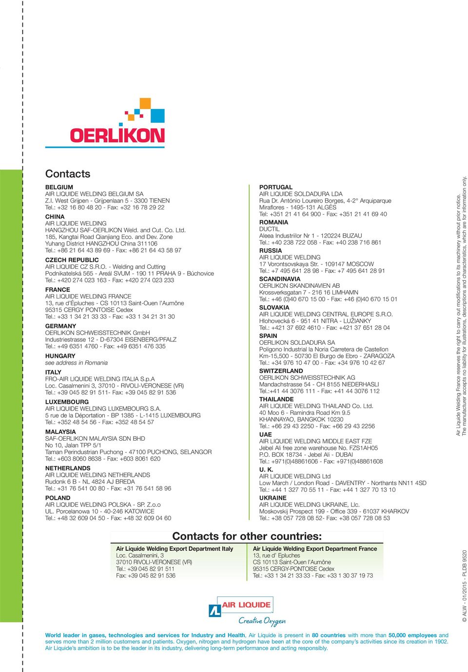 : +420 274 023 63 - Fax: +420 274 023 233 FRANCE AIR LIQUIDE WELDING FRANCE 3, rue d Épluches - CS 03 Saint-Ouen l Aumône 9535 CERGY PONTOISE Cedex Tel.
