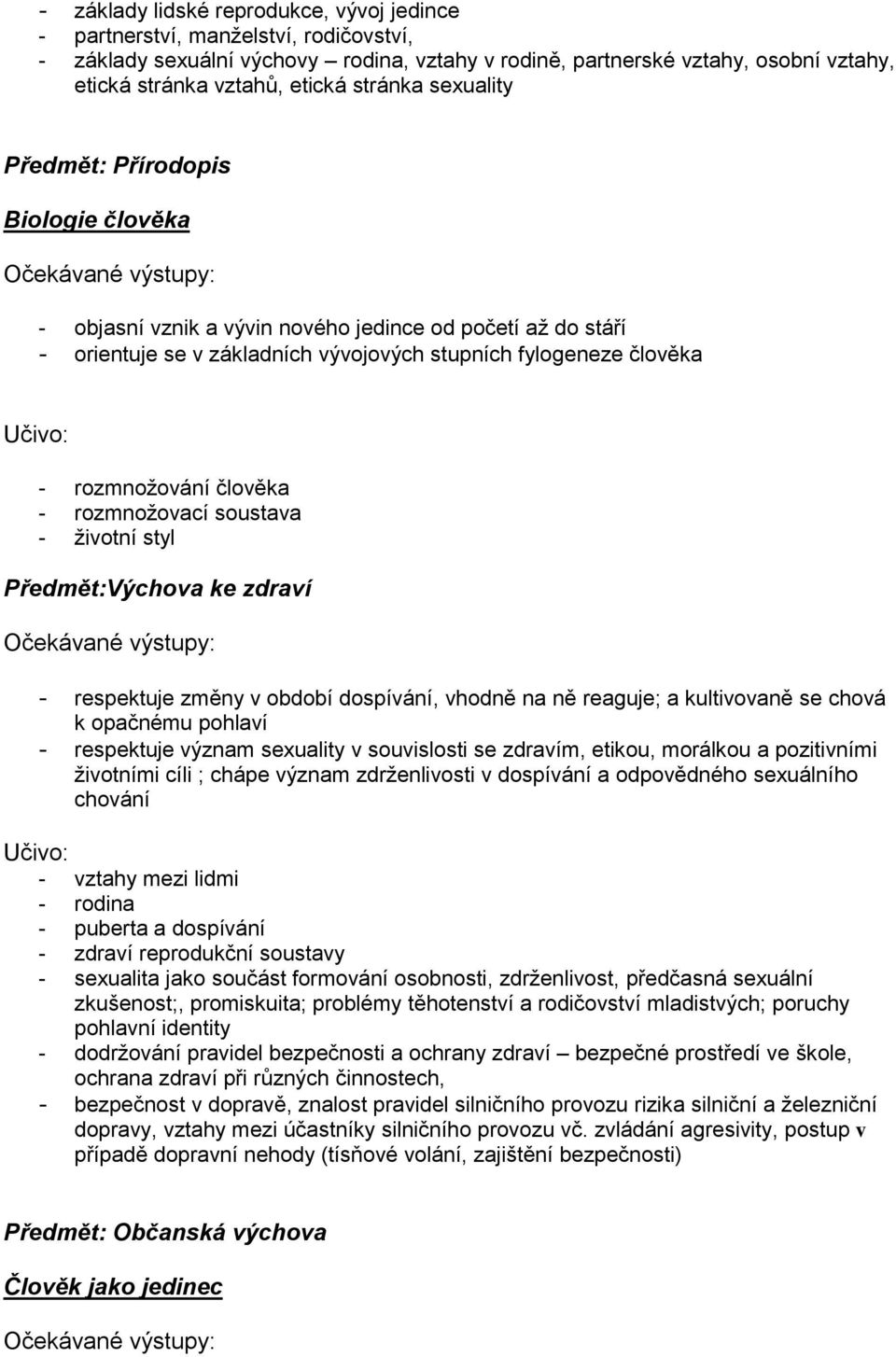 člověka - rozmnožovací soustava - životní styl Předmět:Výchova ke zdraví - respektuje změny v období dospívání, vhodně na ně reaguje; a kultivovaně se chová k opačnému pohlaví - respektuje význam