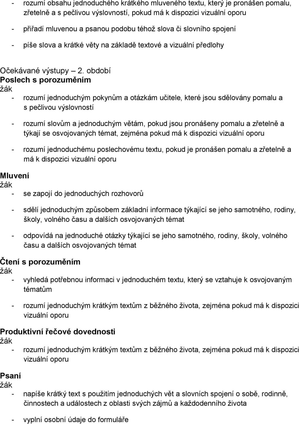 období Poslech s porozuměním - rozumí jednoduchým pokynům a otázkám učitele, které jsou sdělovány pomalu a s pečlivou výslovností - rozumí slovům a jednoduchým větám, pokud jsou pronášeny pomalu a