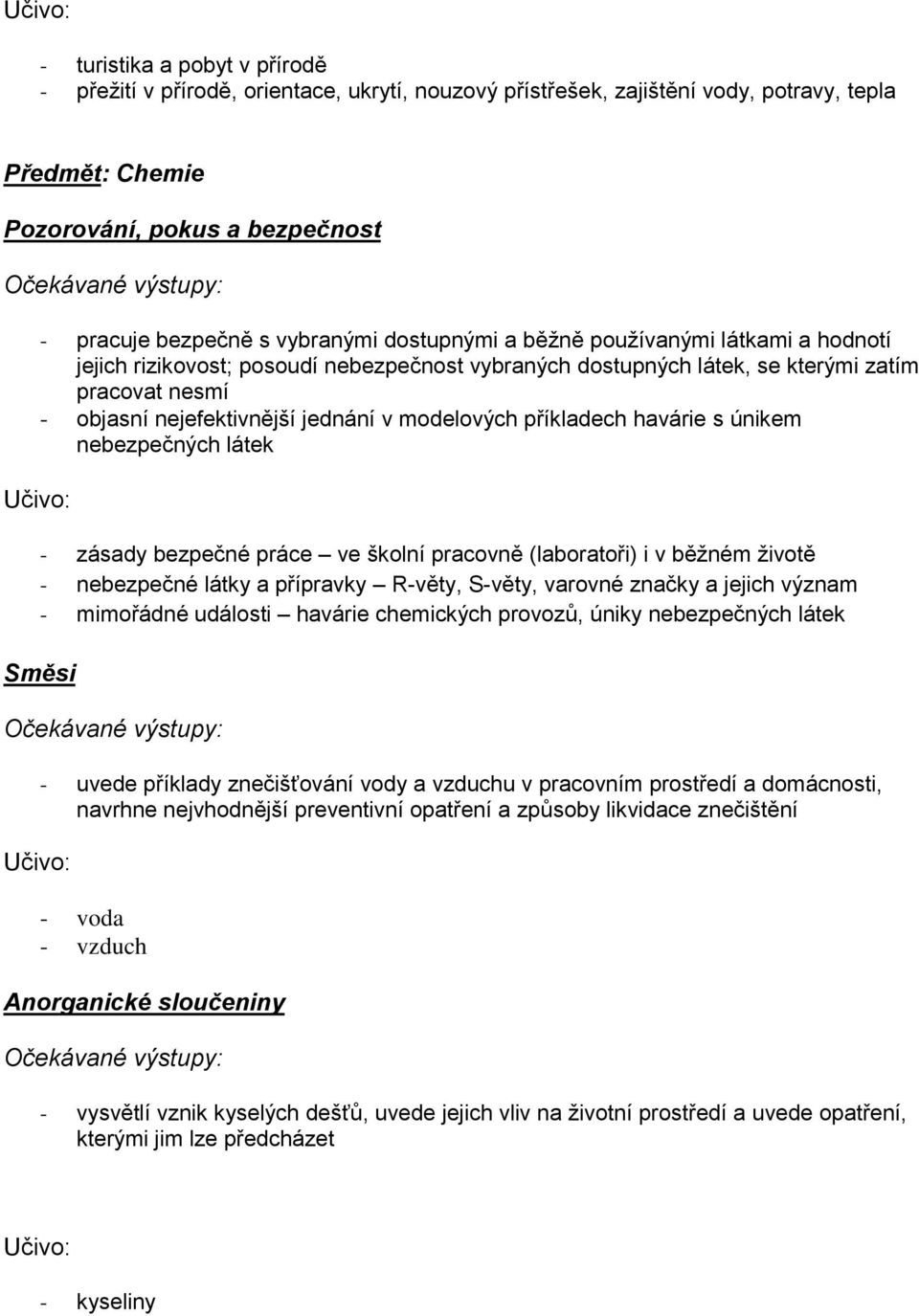 příkladech havárie s únikem nebezpečných látek - zásady bezpečné práce ve školní pracovně (laboratoři) i v běžném životě - nebezpečné látky a přípravky R-věty, S-věty, varovné značky a jejich význam