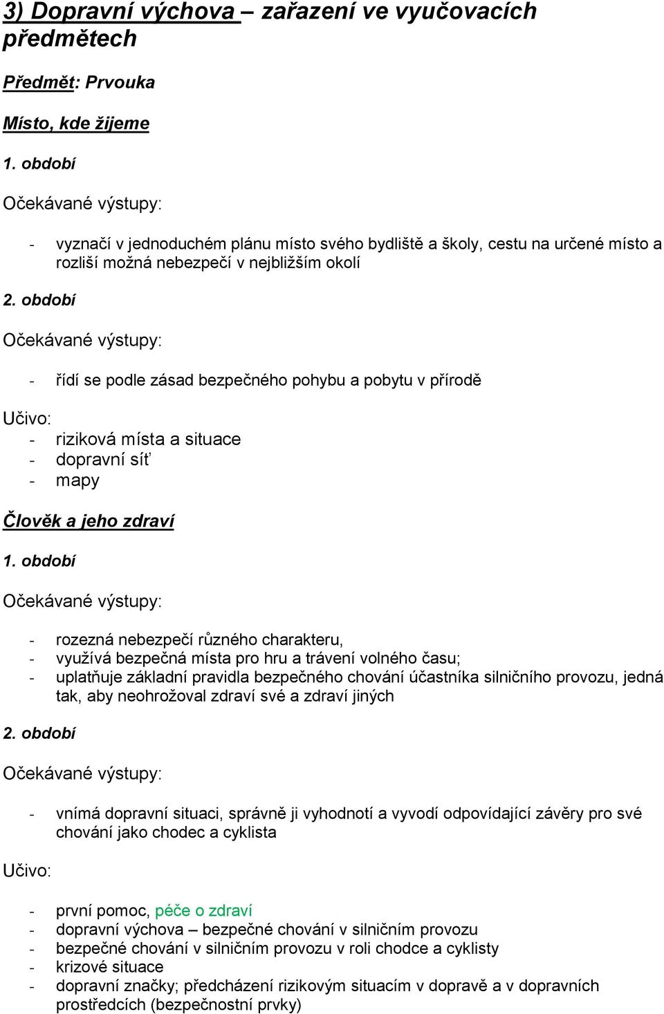 období - řídí se podle zásad bezpečného pohybu a pobytu v přírodě - riziková místa a situace - dopravní síť - mapy Člověk a jeho zdraví 1.