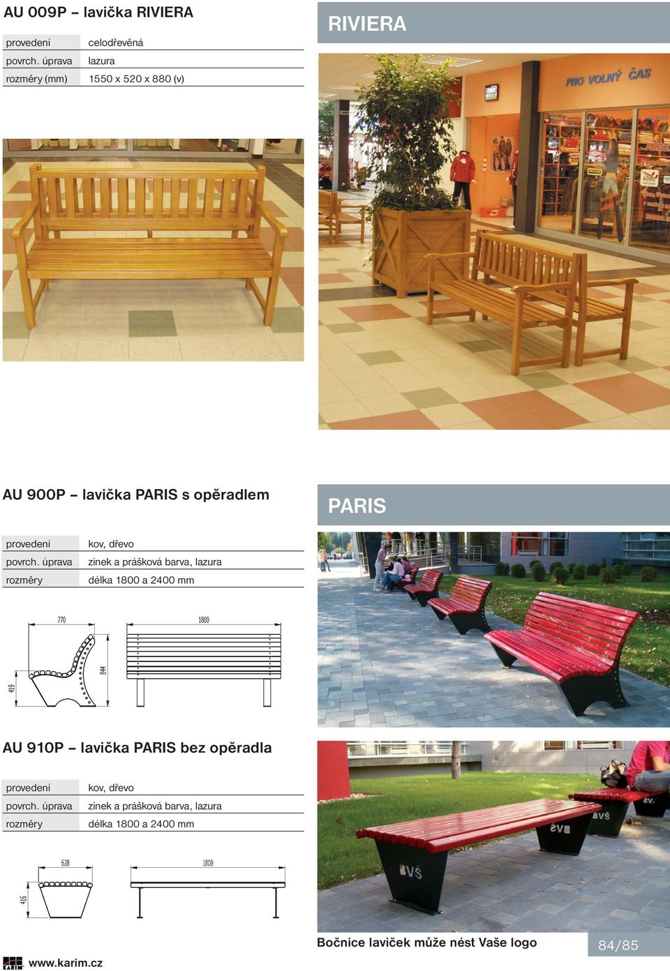 lazura délka 1800 a 2400 mm AU 910P lavička PARIS bez opěradla rozměry