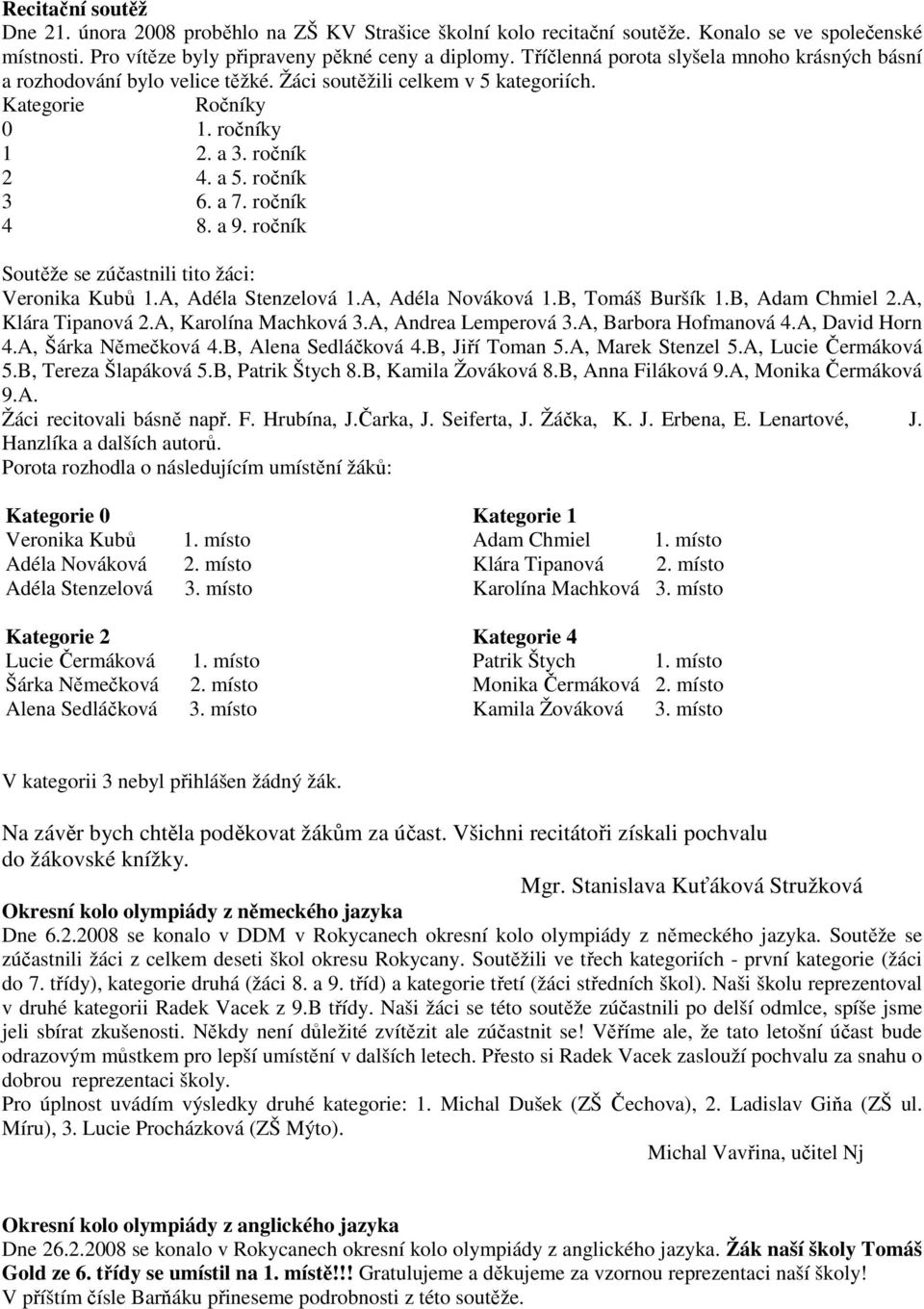 ročník 4 8. a 9. ročník Soutěže se zúčastnili tito žáci: Veronika Kubů 1.A, Adéla Stenzelová 1.A, Adéla Nováková 1.B, Tomáš Buršík 1.B, Adam Chmiel 2.A, Klára Tipanová 2.A, Karolína Machková 3.