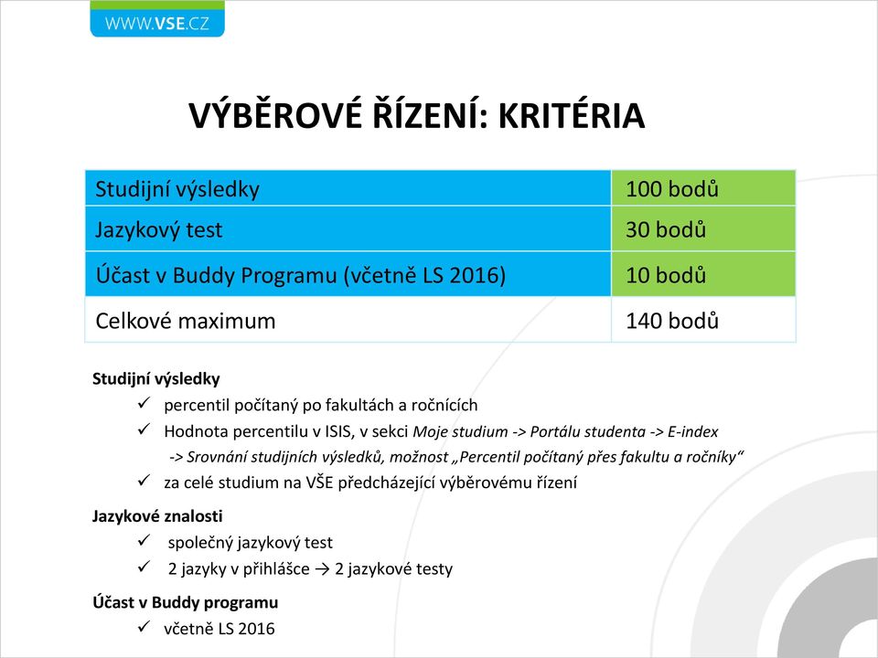 studenta -> E-index -> Srovnání studijních výsledků, možnost Percentil počítaný přes fakultu a ročníky za celé studium na VŠE