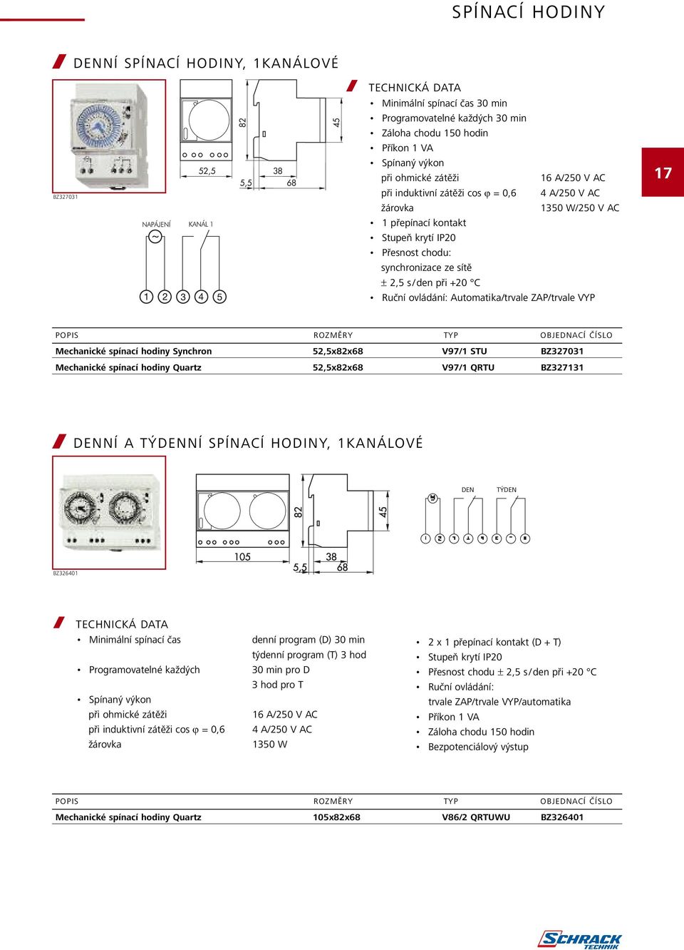 ovládání: Automatika/trvale ZAP/trvale VYP POPIS ROZMĚRY TYP OBJEDNACÍ ČÍSLO Mechanické spínací hodiny Synchron 52,5x82x68 V97/1 STU BZ327031 Mechanické spínací hodiny Quartz 52,5x82x68 V97/1 QRTU